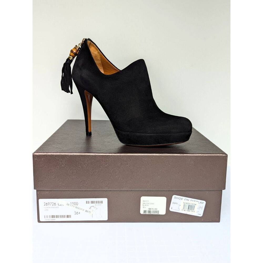 Gucci Betty High Heel Platform Bootie Size 36.5 | 6.5 Black Suede Bamboo Tassel - Picture 3 of 16
